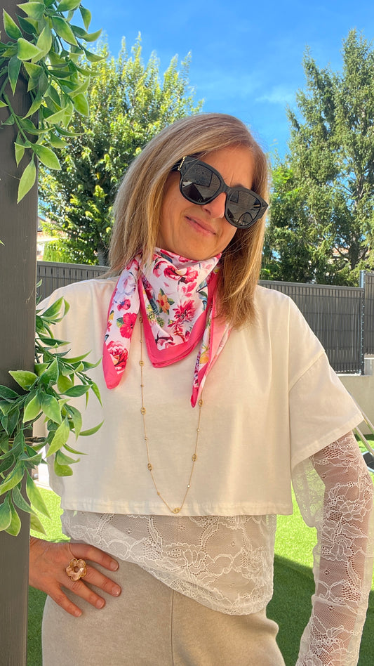 FOULARD BLANC/FUCSHIA "PETIT CARRE"