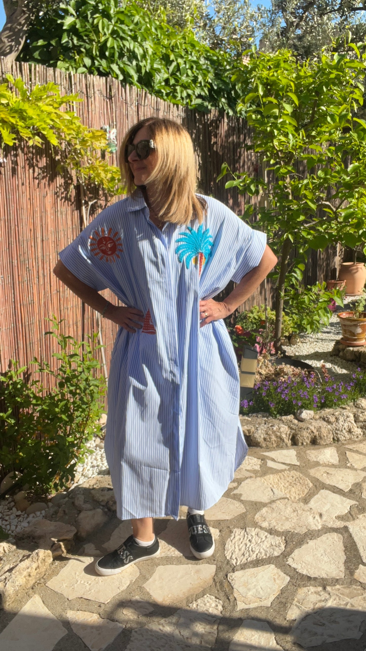 ROBE CHEMISE RAYE BLEU CLAIR/BLANC  "PALMIER"