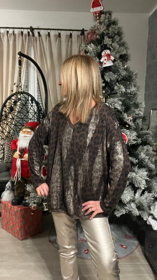 PULL TUNIQUE LEOPARD CHOCOLAT/NOIR/DORE