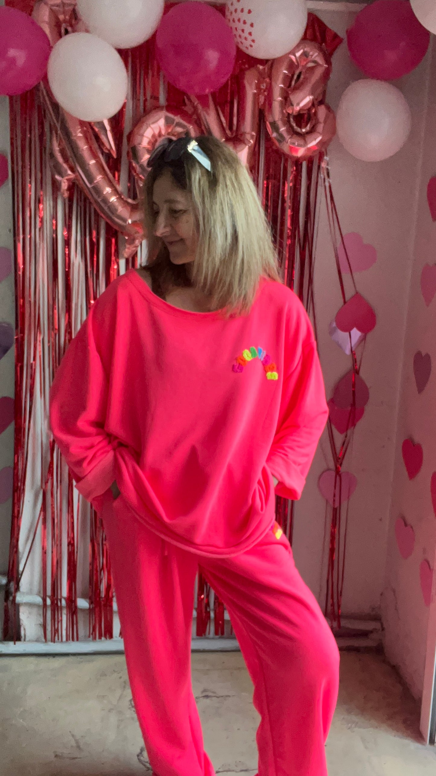 SWEAT ROSE FLUO OVERSIZE GOOD VIBES