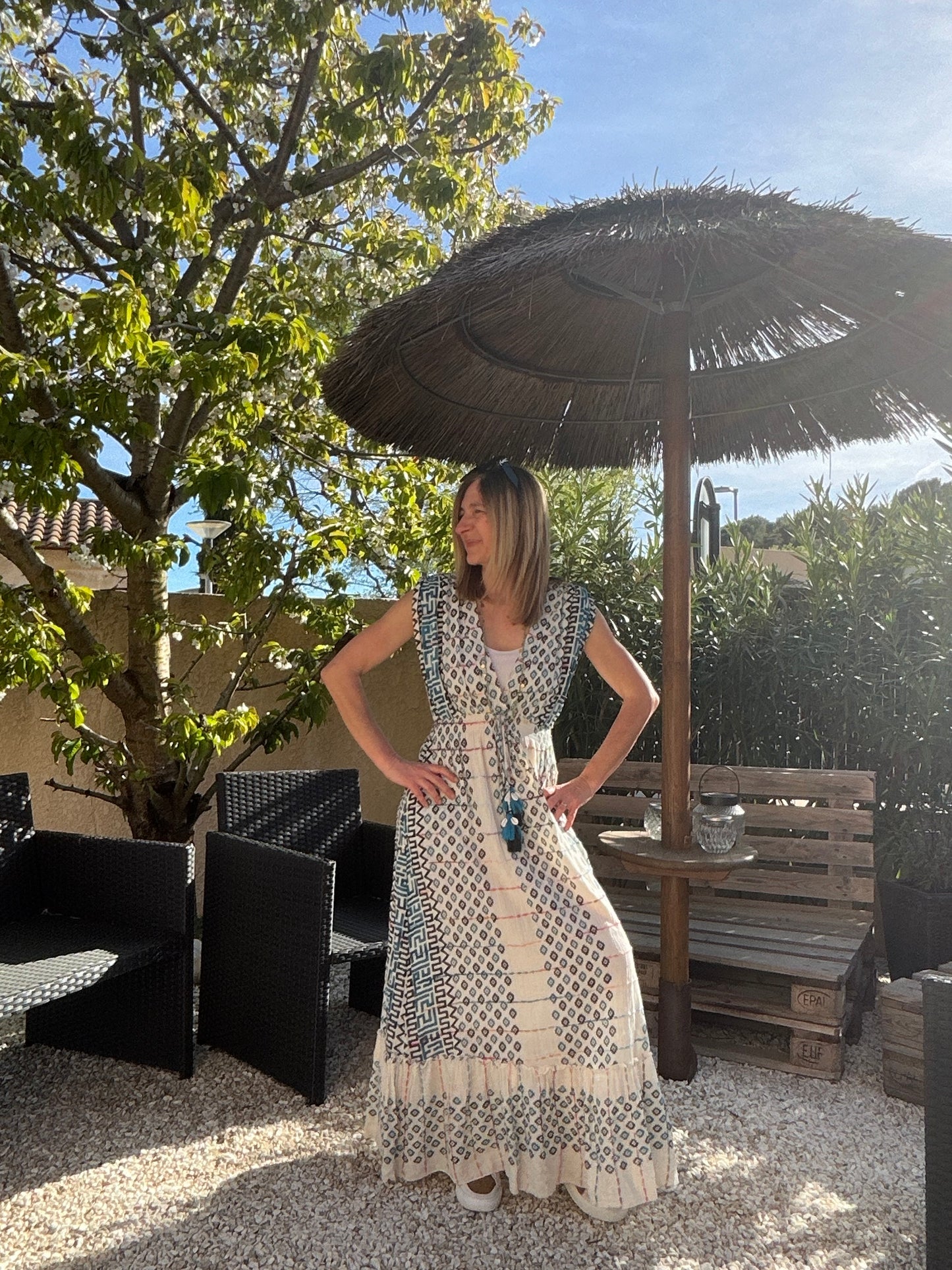 ROBE LONGUE BLEU/BLANC BOHEME