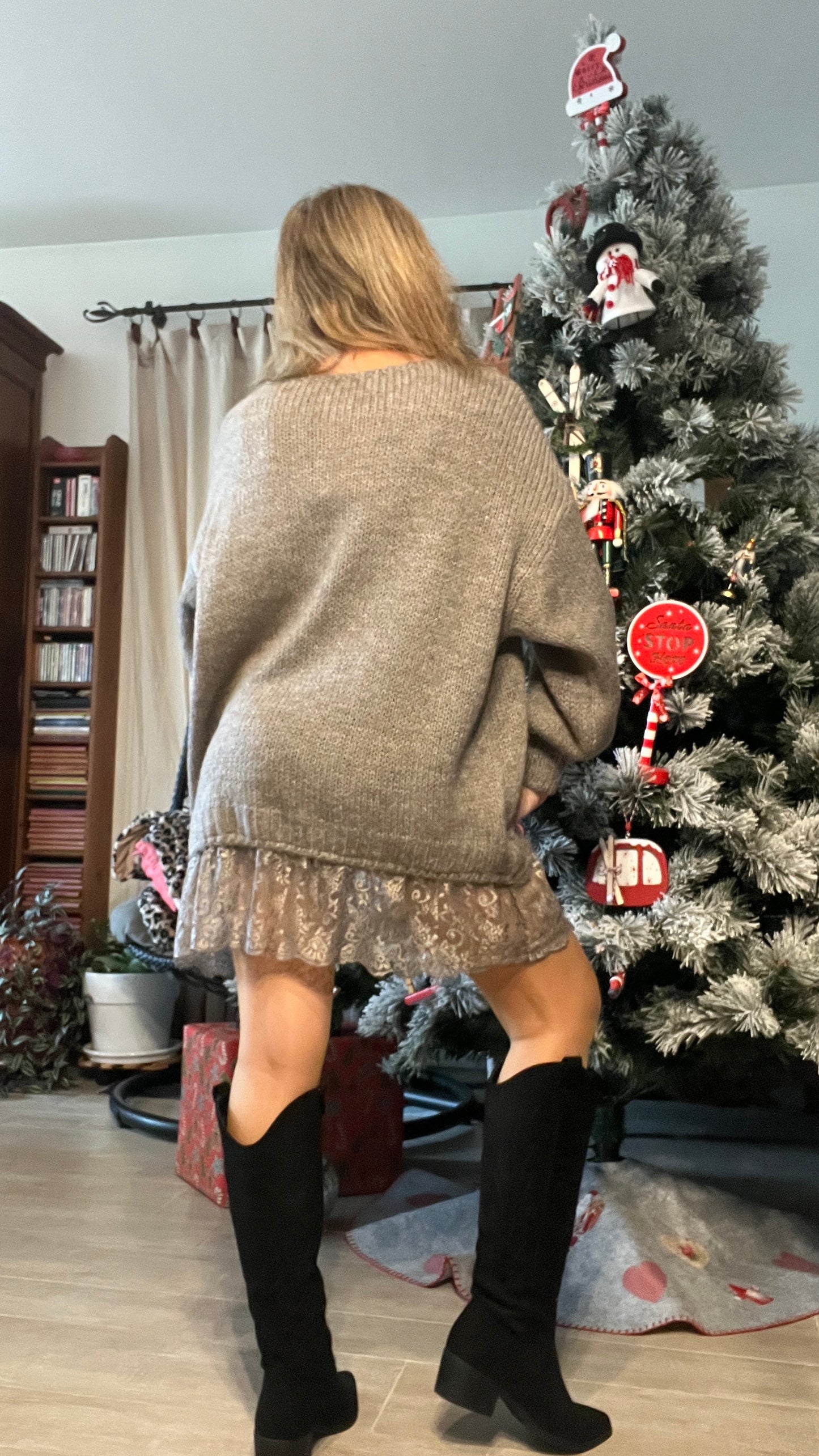 PULL/ROBE OVERSIZE DENTELLE TAUPE