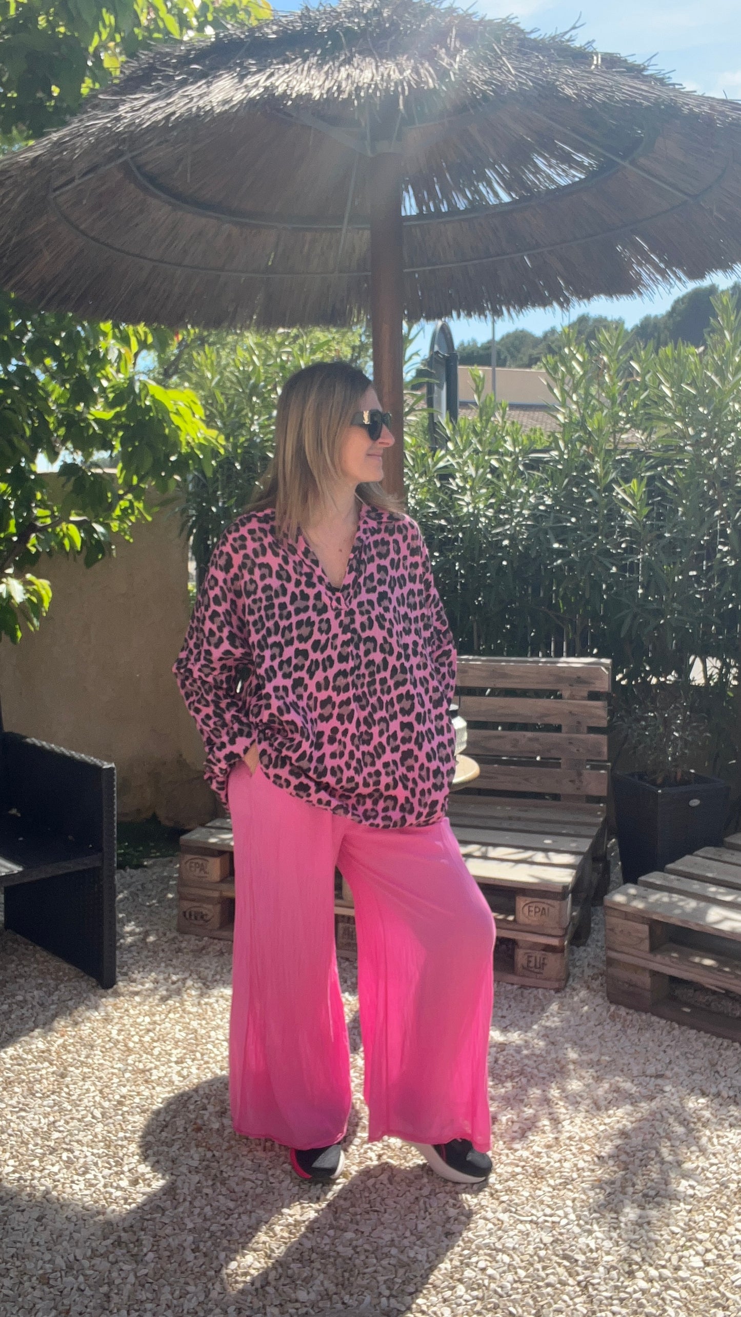 PANTALON FLUIDE EN COTON ROSE "SELENA"