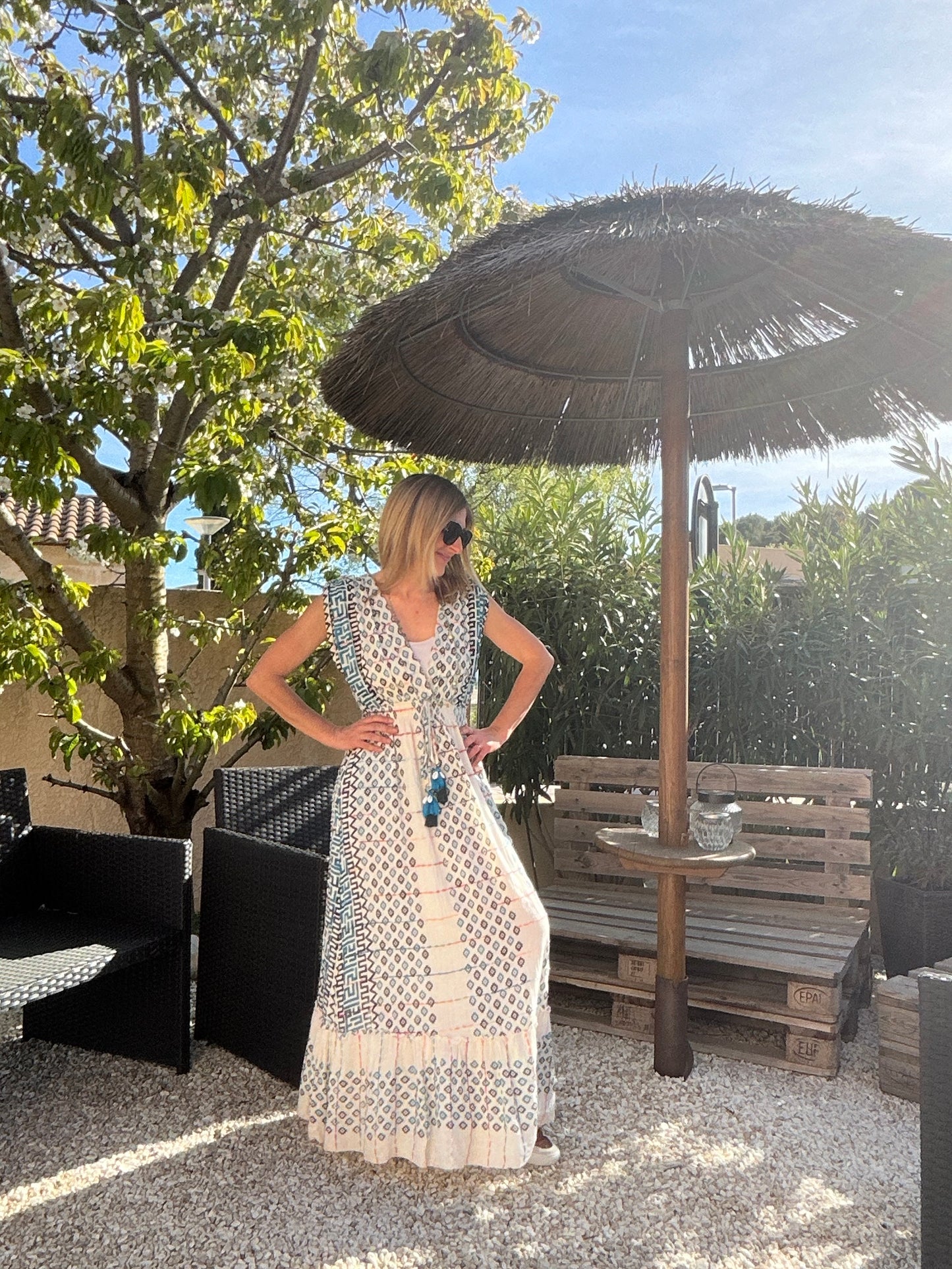ROBE LONGUE BLEU/BLANC BOHEME
