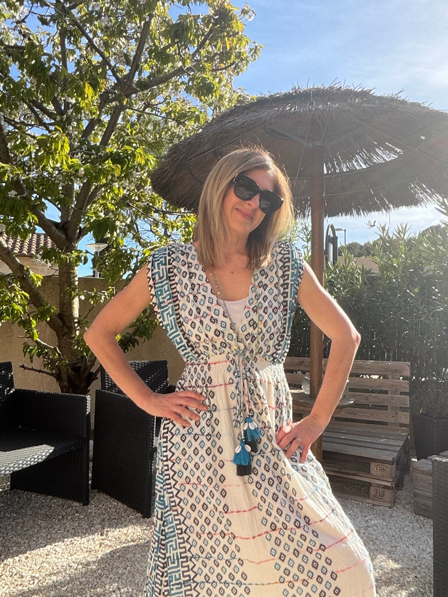 ROBE LONGUE BLEU/BLANC BOHEME