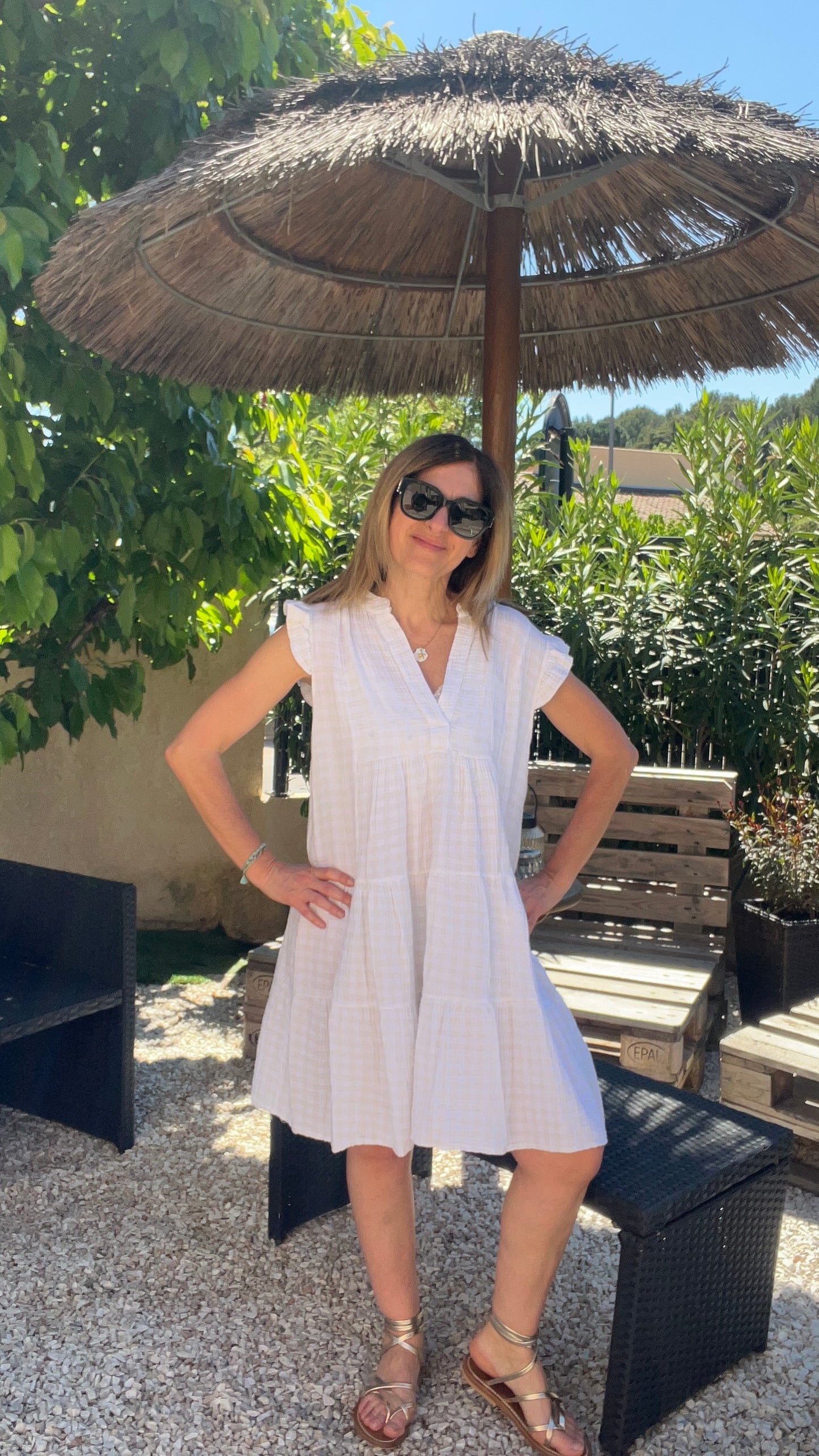 ROBE BLANC/BEIGE GAZE DE COTON