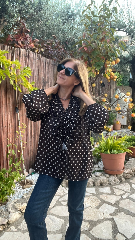 CHEMISIER A POIS CHOCOLAT/BEIGE "FROU-FROU"