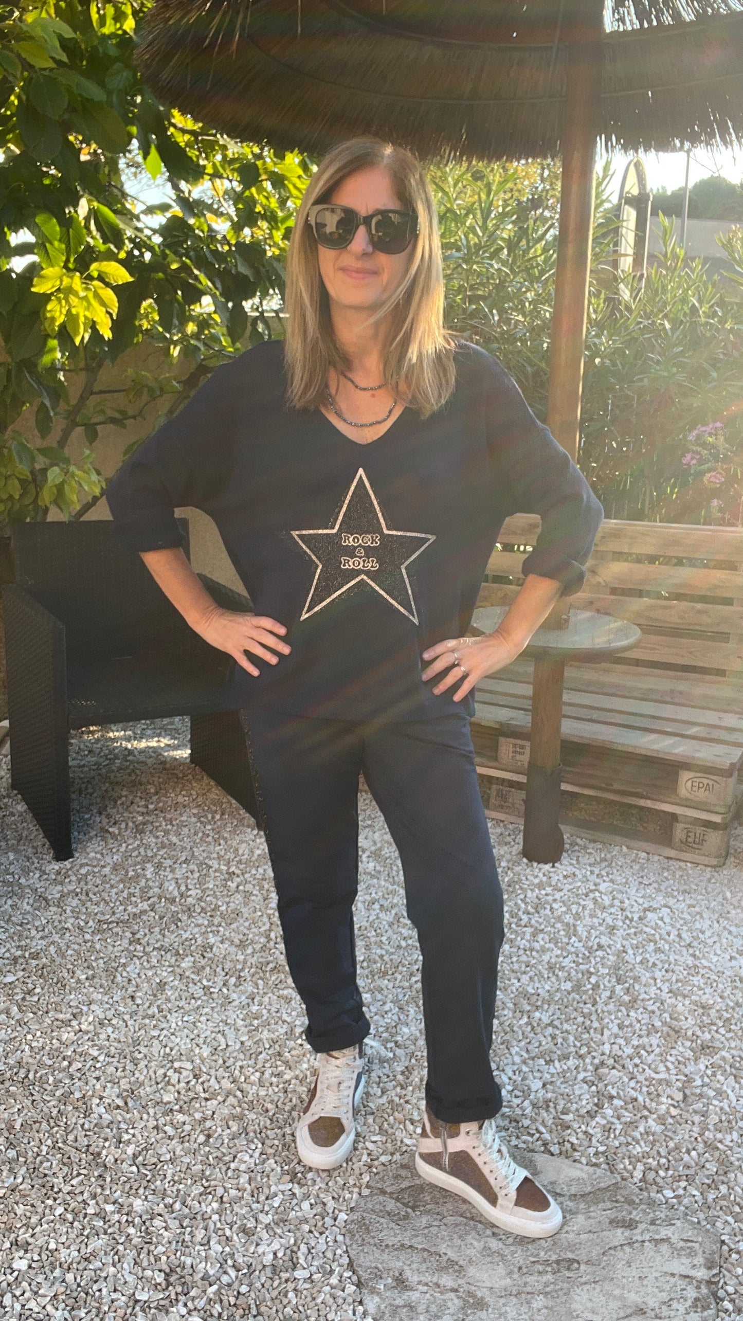 PANTALON BLEU MARINE/DORE