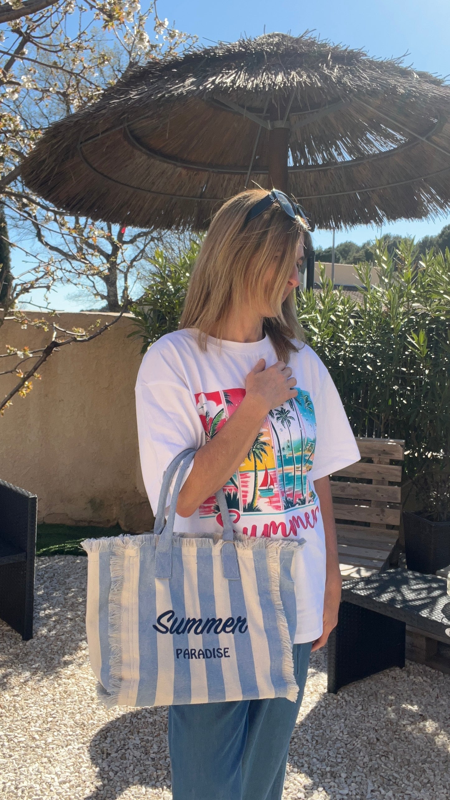 SAC RAYE EN TOILE BLEU/BLANC " SUMMER PARADISE"