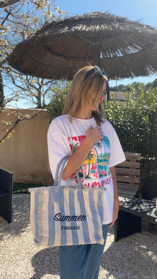 SAC RAYE EN TOILE BLEU/BLANC " SUMMER PARADISE"