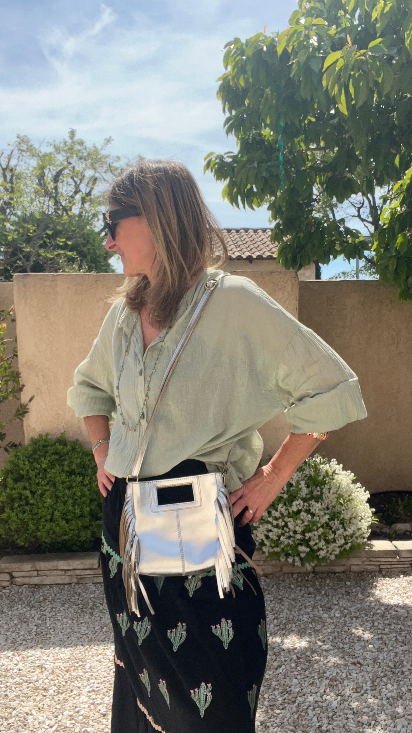 PETIT SAC EN CUIR ARGENT A FRANGES