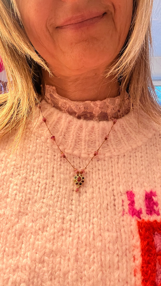 COLLIER ROSE/BLEU TURQUOISE & PIERRE PRECIEUSE ROSE "HABAHA"