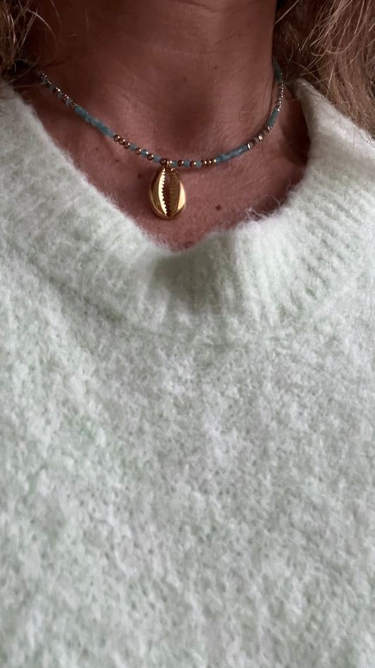 COLLIER PERLES TURQUOISE & COQUILLAGE DORE "HABAHA"