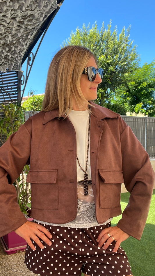 VESTE COURTE MARRON GLACE "SUEDINE"