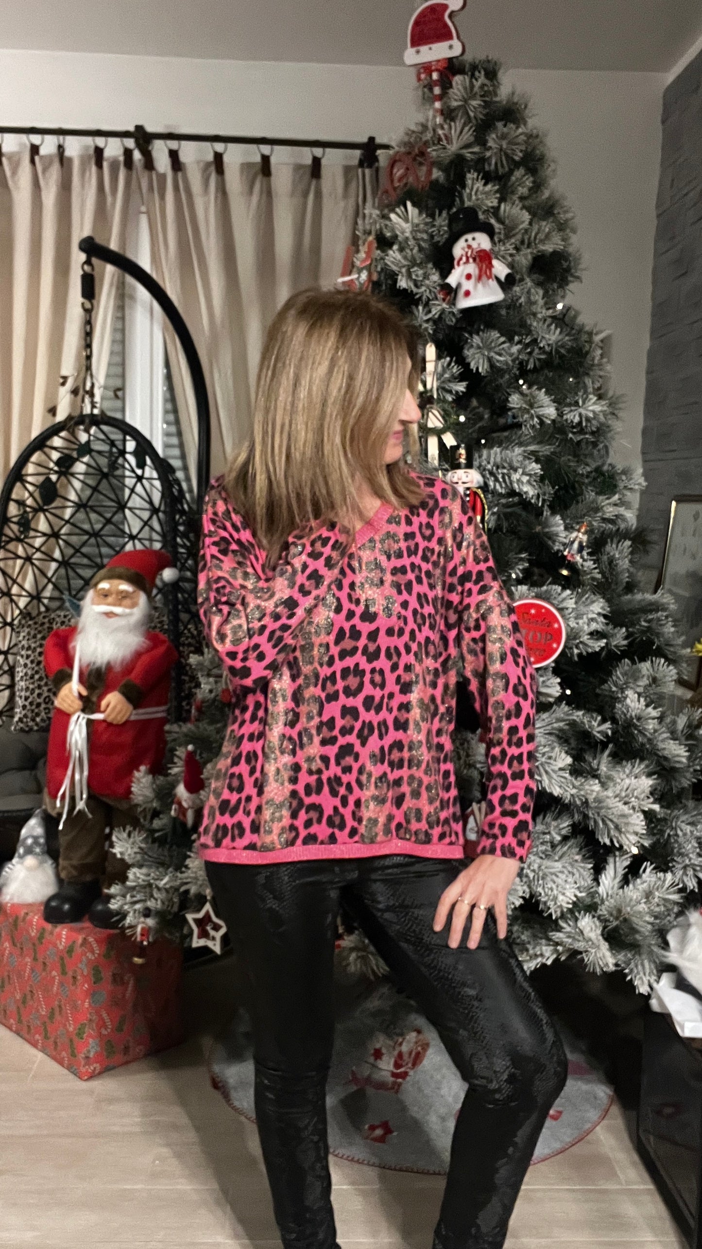 PULL TUNIQUE LEOPARD ROSE FUCHSIA/NOIR/DORE