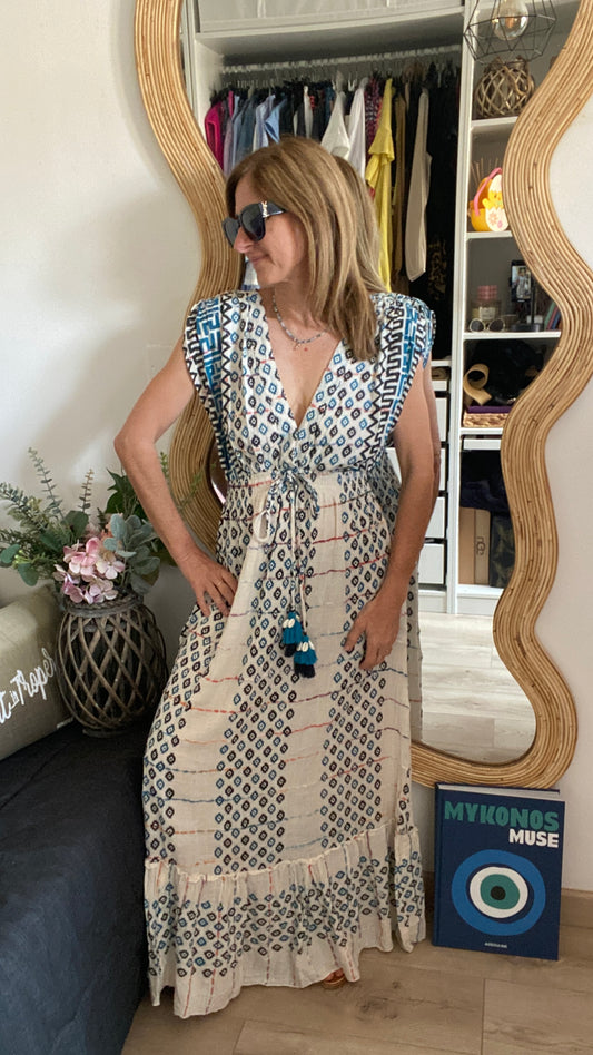 Robe longue bleu/blanc "Bohème"