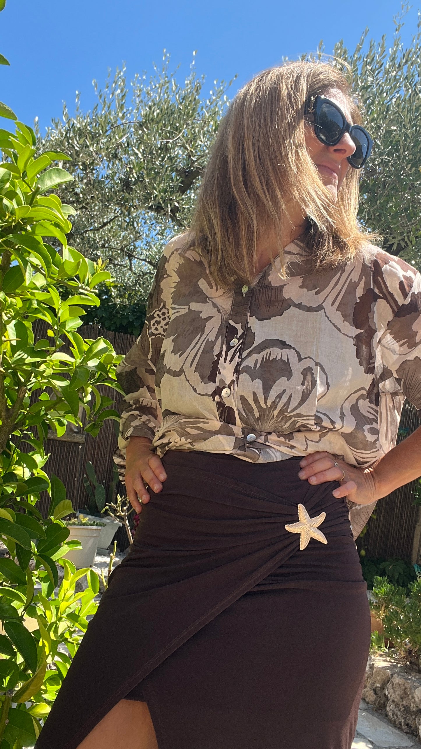CHEMISIER BEIGE TAUPE MARRON "FLEURI"