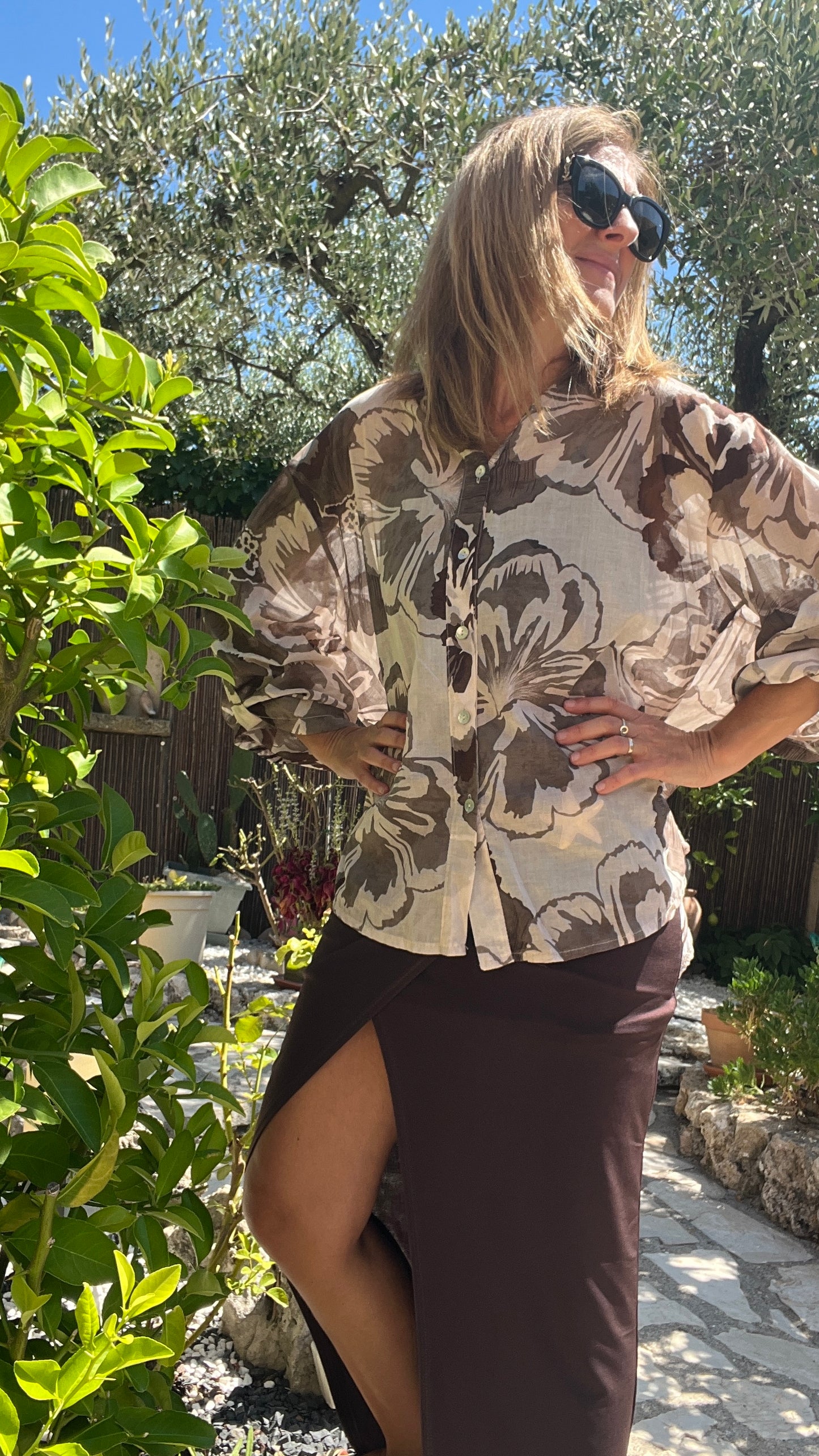 CHEMISIER BEIGE TAUPE MARRON "FLEURI"