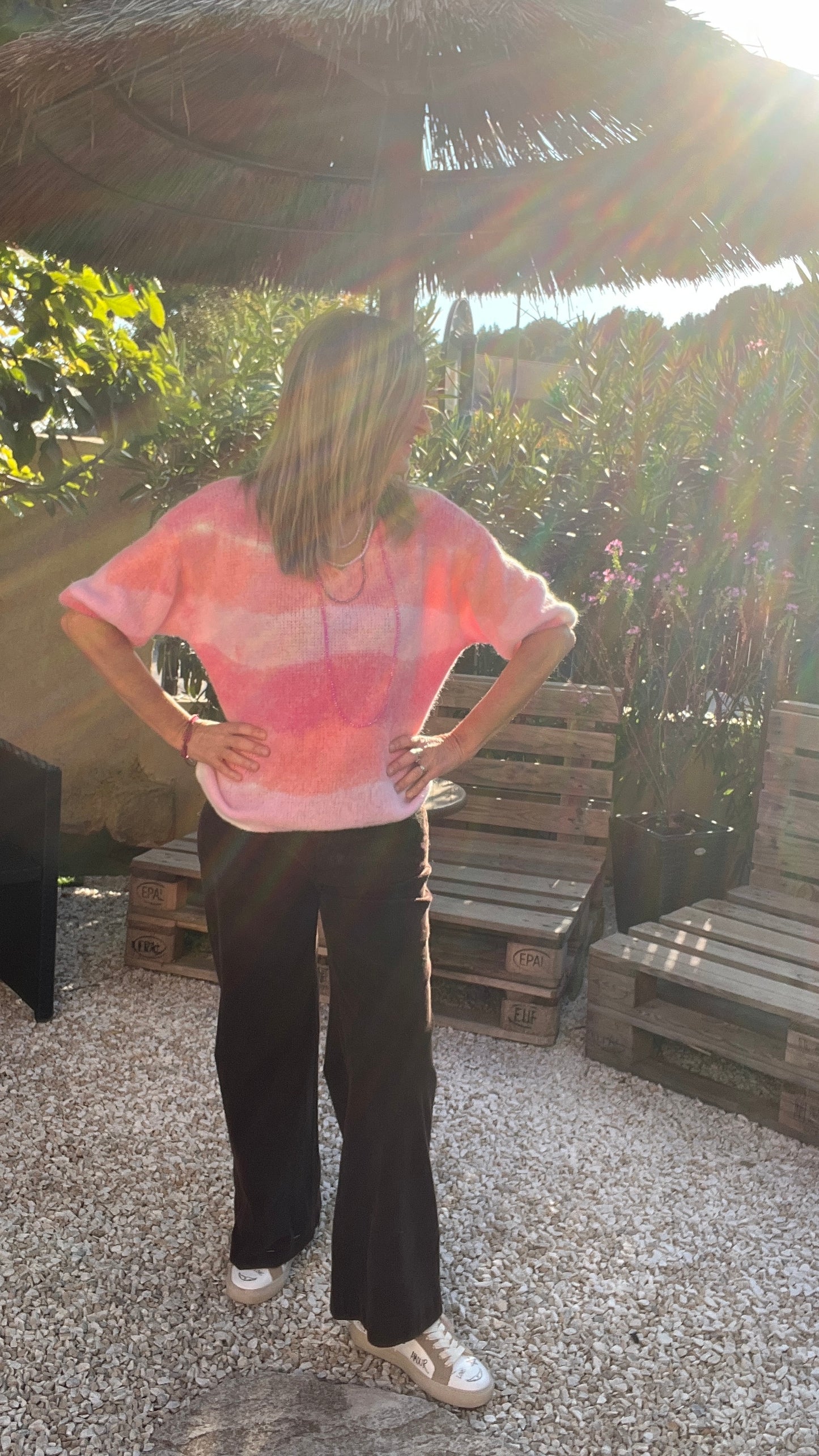 PULL ROSE DEGRADE MANCHES COURTES "MULTICOLORE"