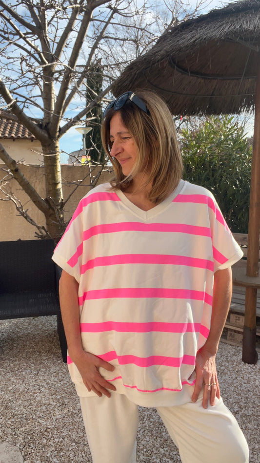TEE-SHIRT/TUNIQUE RAYÉ ROSE FLUO/BLANC