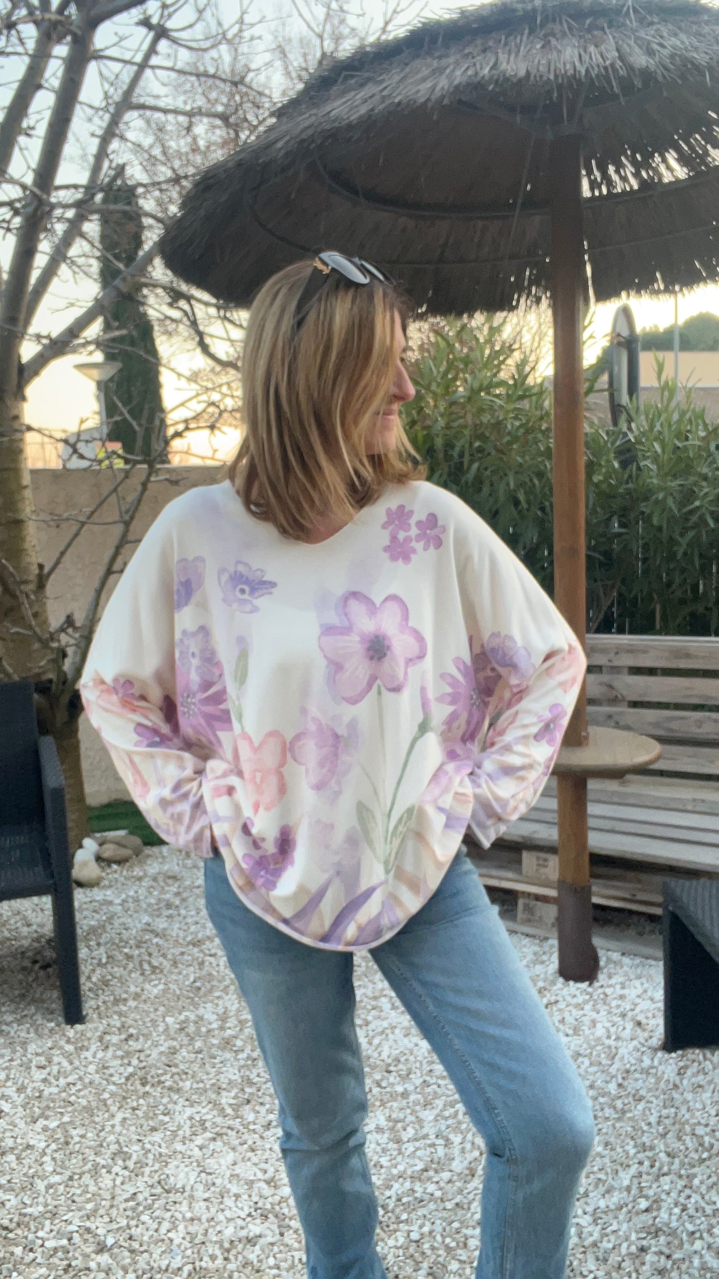 PULL TUNIQUE BLANC "FLEURI"