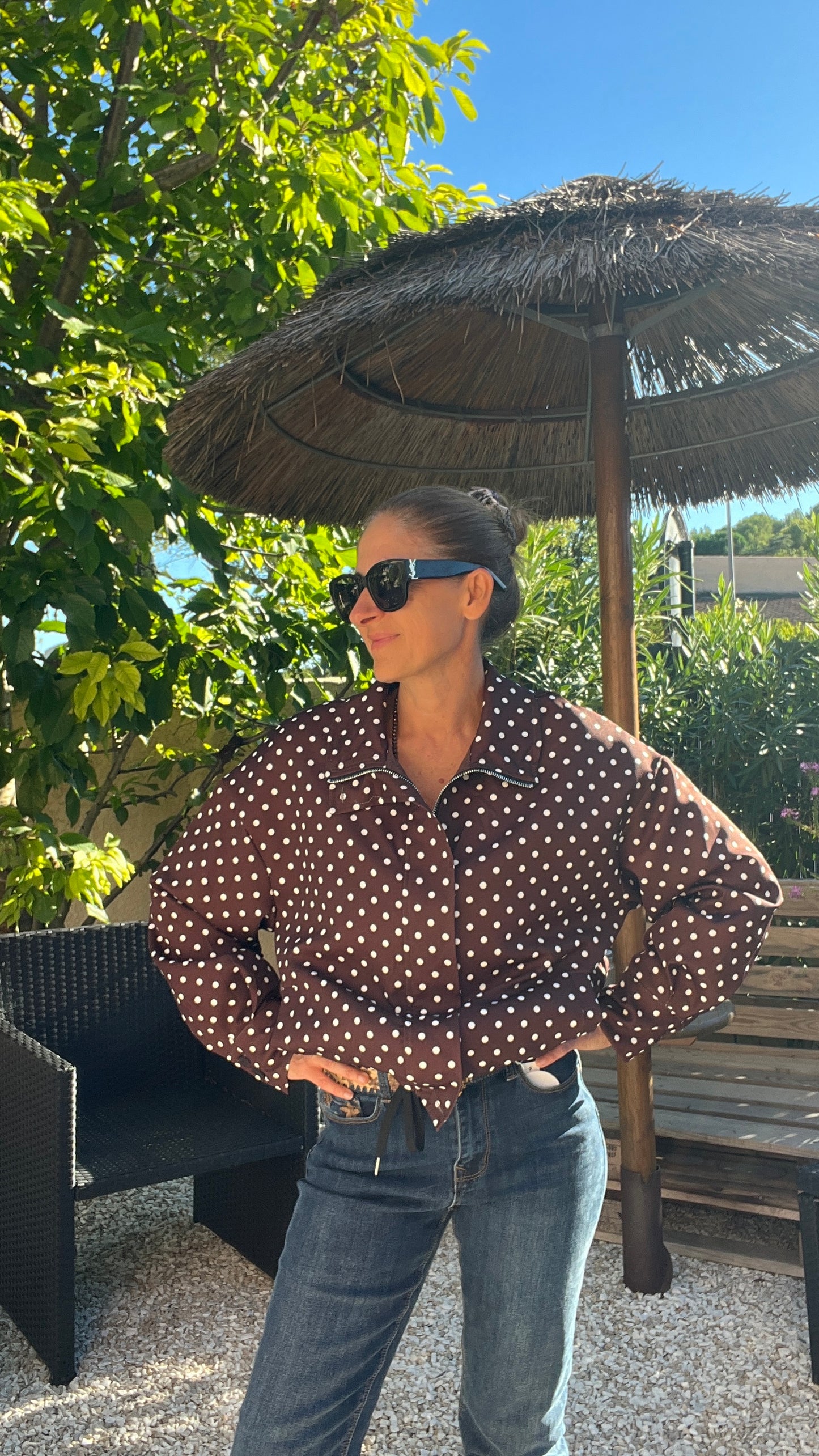 VESTE MANCHES LONGUES CHOCOLAT A POIS BLANC "AUTOMNE"