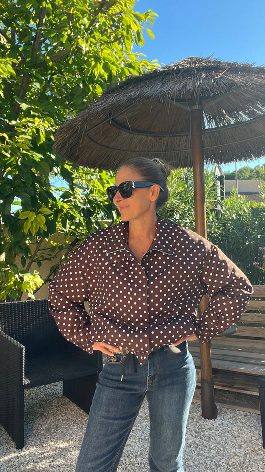 VESTE MANCHES LONGUES CHOCOLAT A POIS BLANC "AUTOMNE"