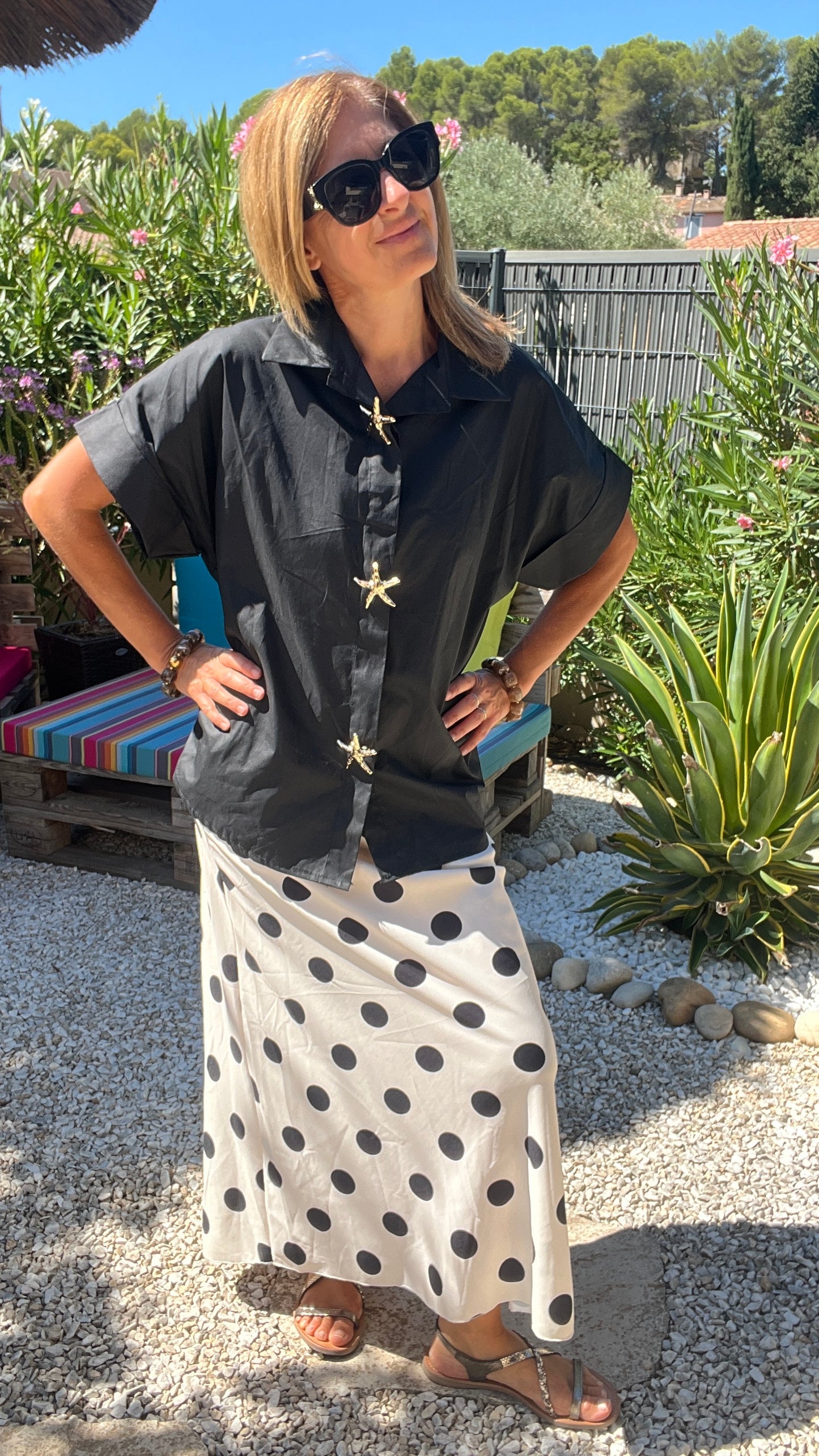 JUPE LONGUE BLANCHE "POIS NOIR"