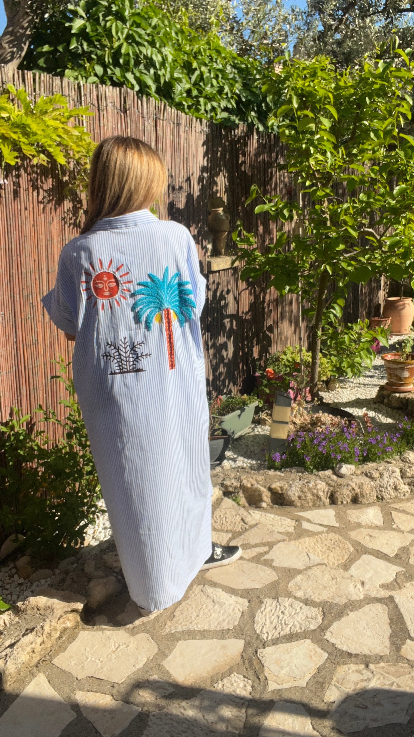 ROBE CHEMISE RAYE BLEU CLAIR/BLANC  "PALMIER"