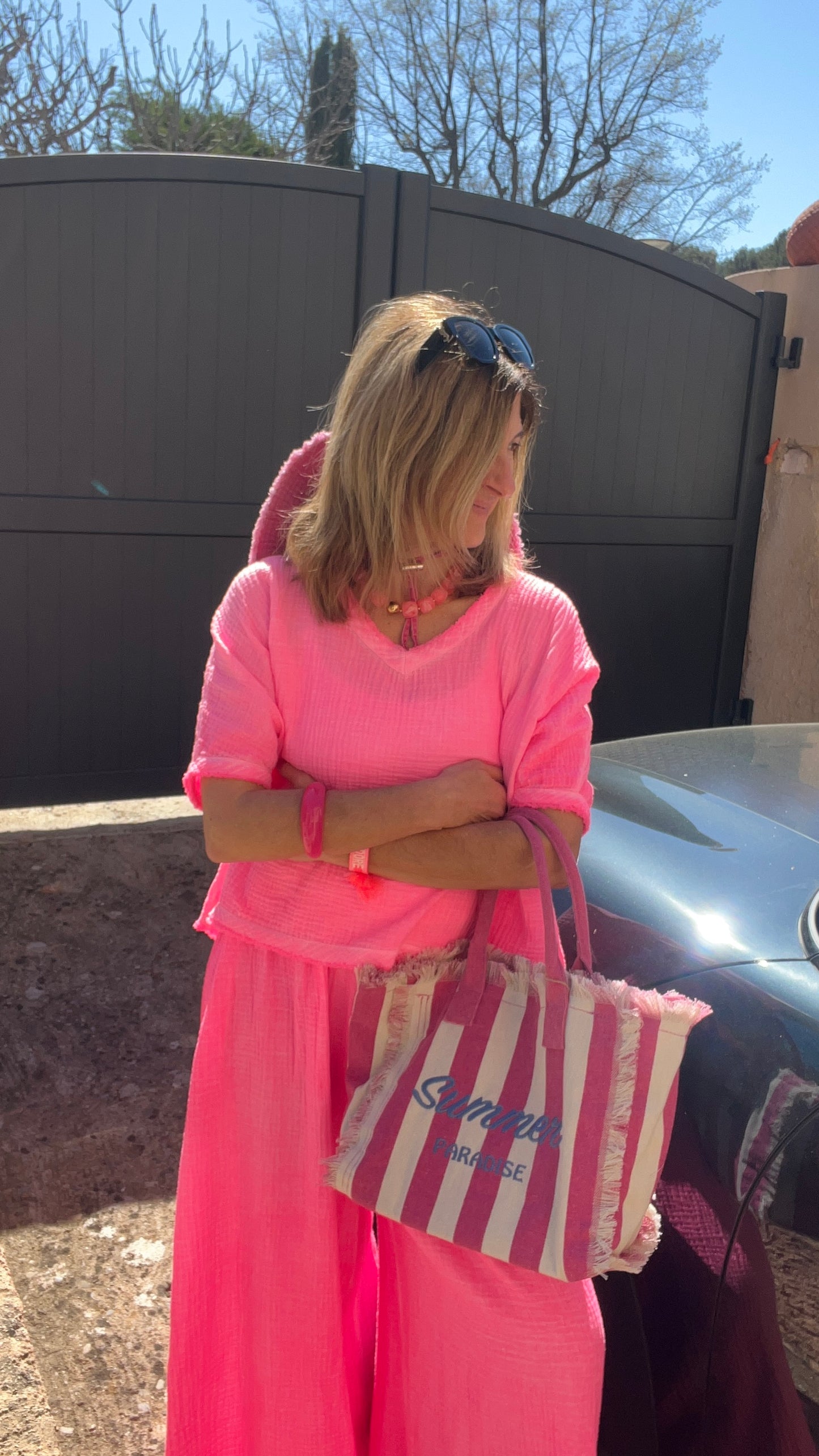 SAC RAYE EN TOILE ROSE/BLANC " SUMMER PARADISE"