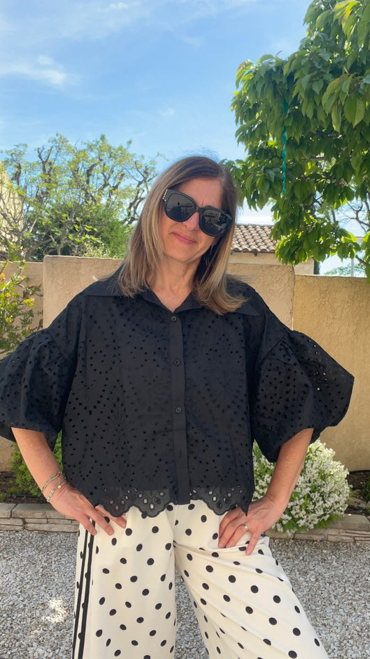 CHEMISIER NOIR BRODERIE ANGLAISE MANCHES BALLONS