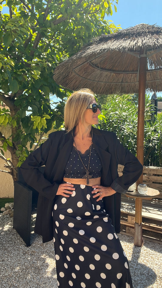 JUPE LONGUE NOIR "POIS BLANC"