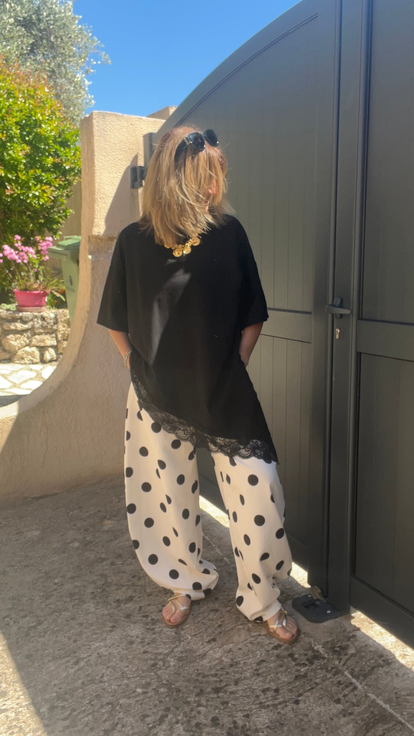 PANTALON BLANC A POIS NOIR "BALLOON"