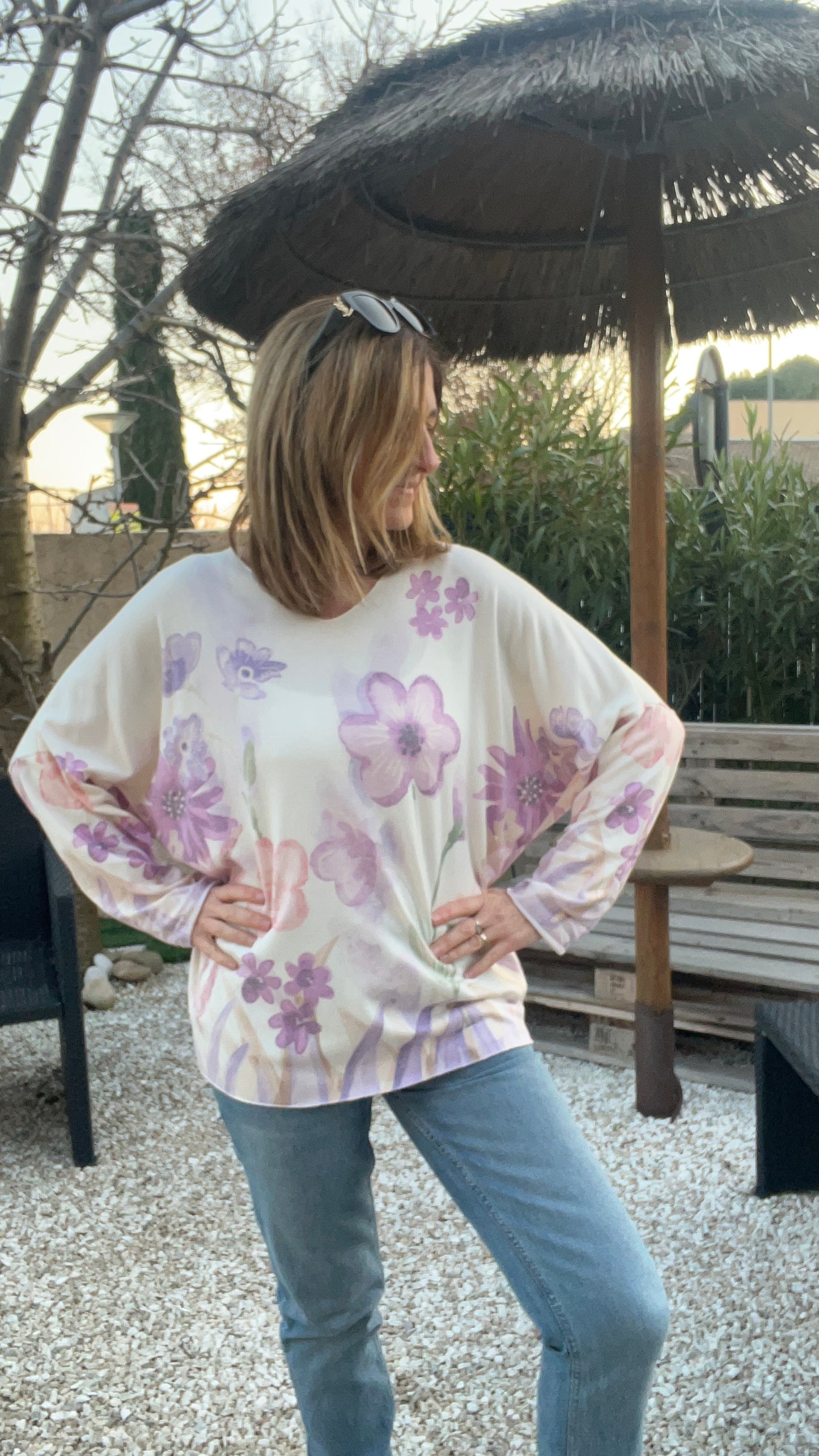 PULL TUNIQUE BLANC "FLEURI"