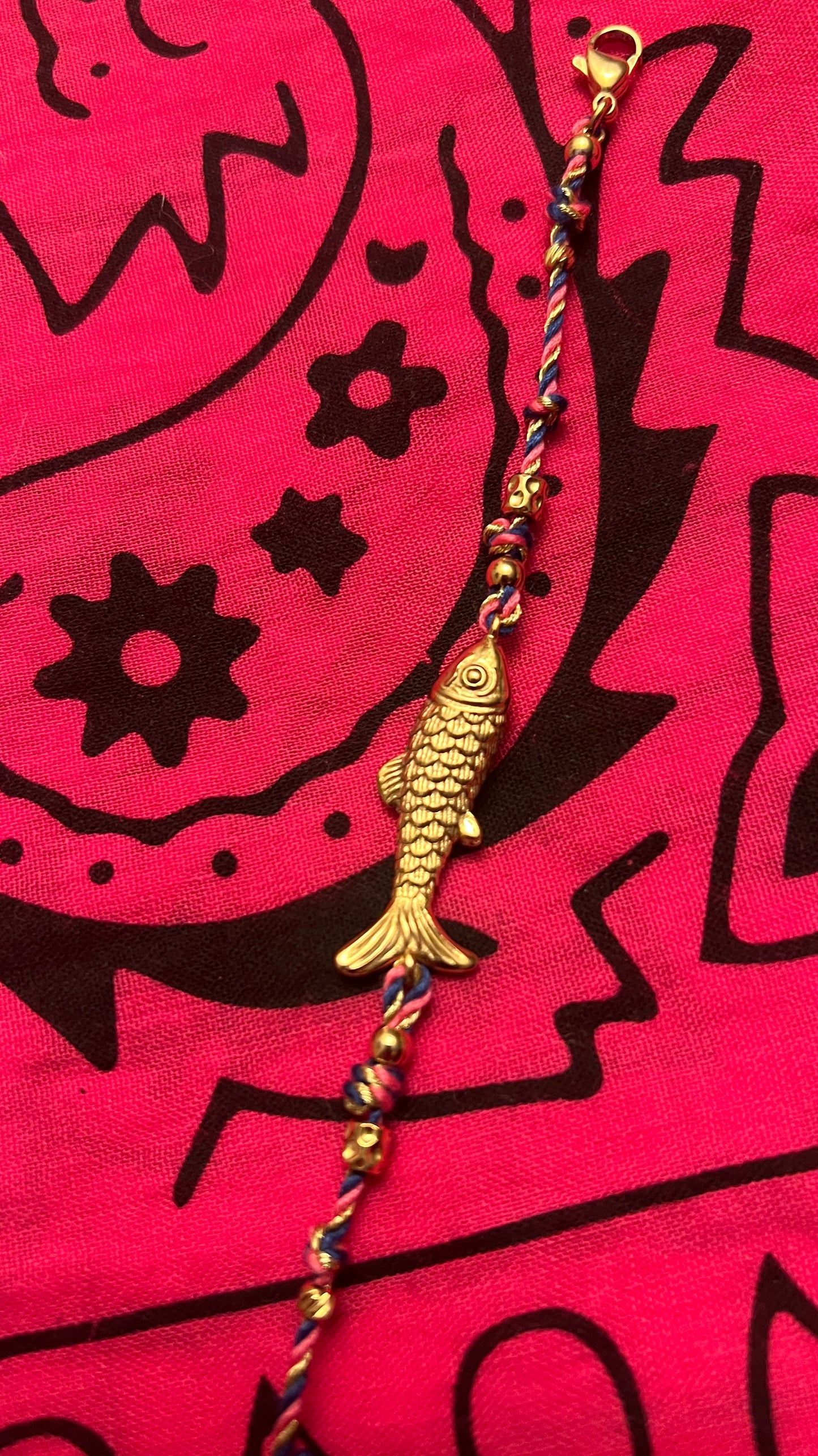 BRACELET TRESSE ROSE/BLEU/DORE & POISSON"HABAHA"