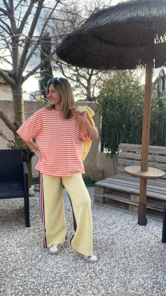 PANTALON STYLE JOGGING JAUNE PALE BANDE JAUNE/LEOPARD