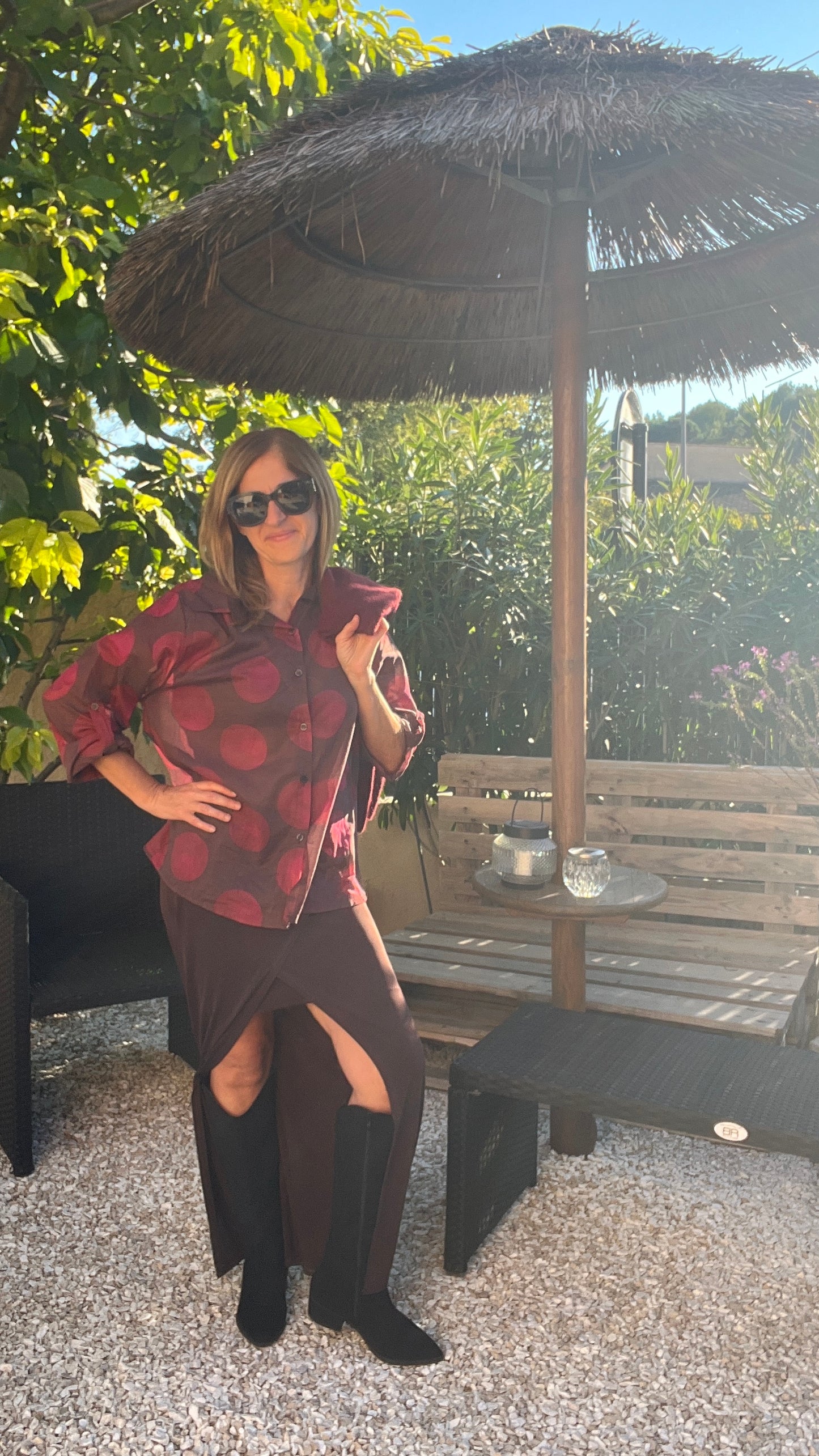 CHEMISIER  CHOCOLAT "A POIS BORDEAUX"