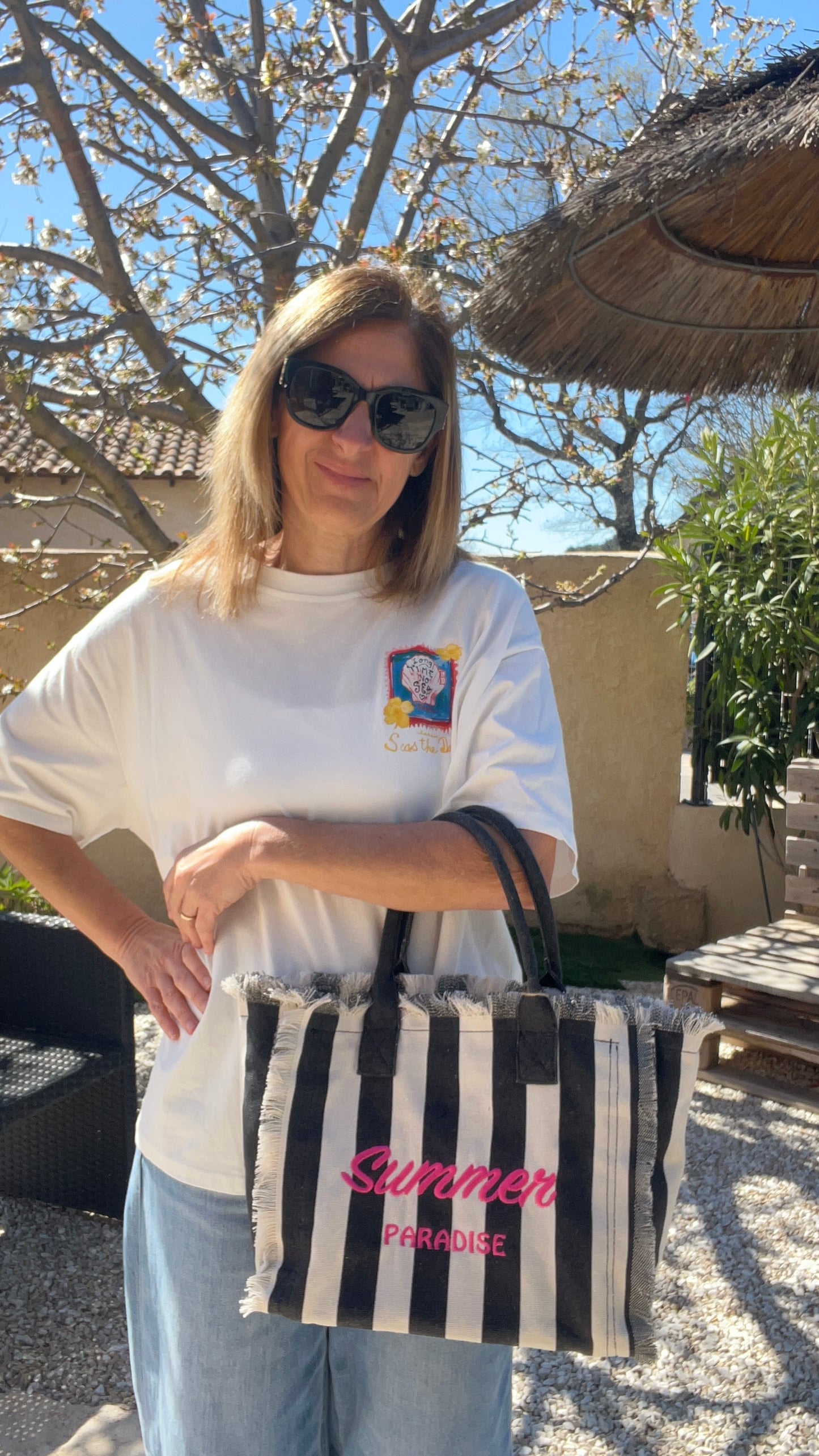 SAC RAYE EN TOILE NOIR/BLANC " SUMMER PARADISE"