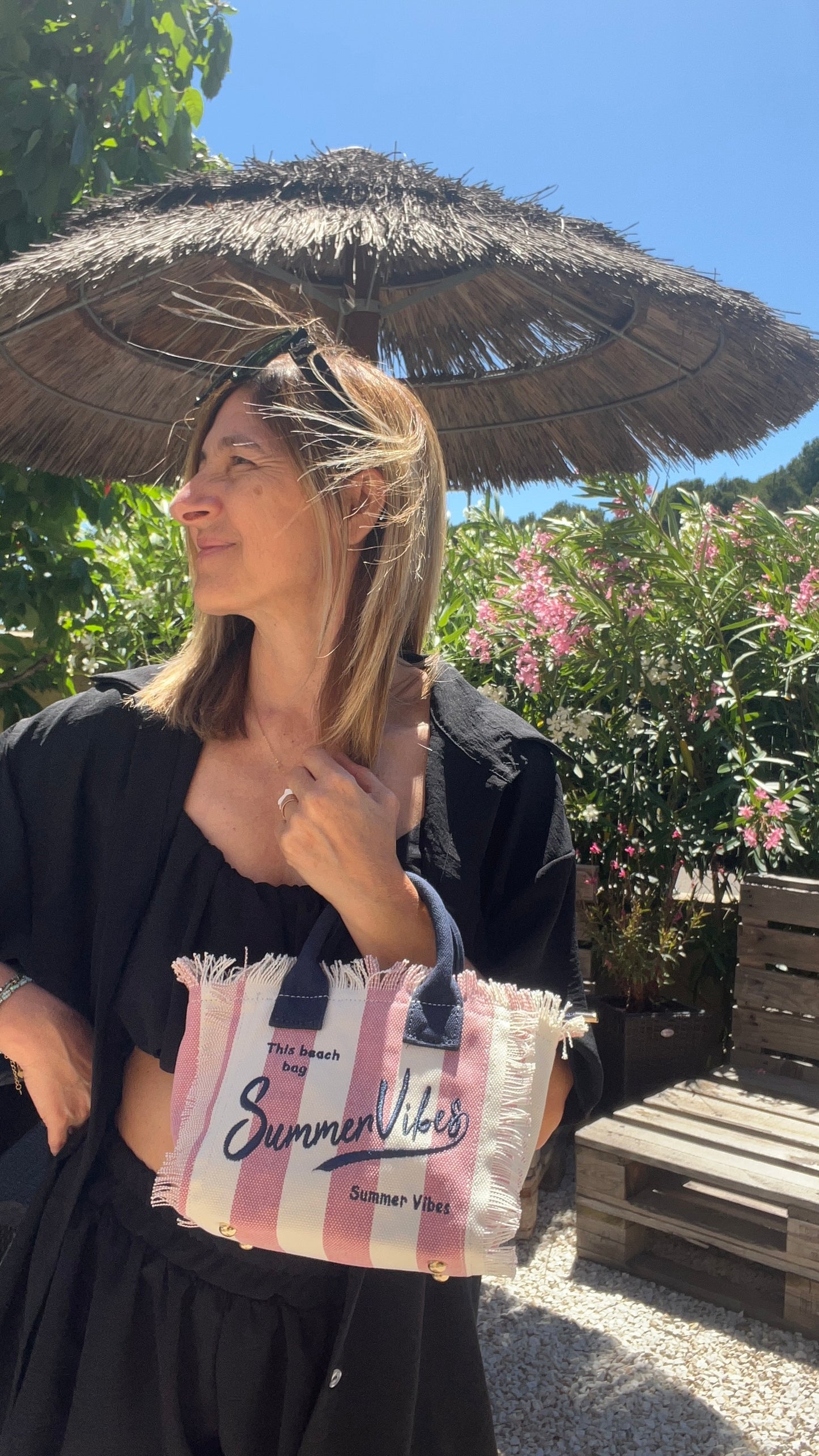 MINI SAC RAYE EN TOILE ROSE/BLANC "SUMMER VIBES"