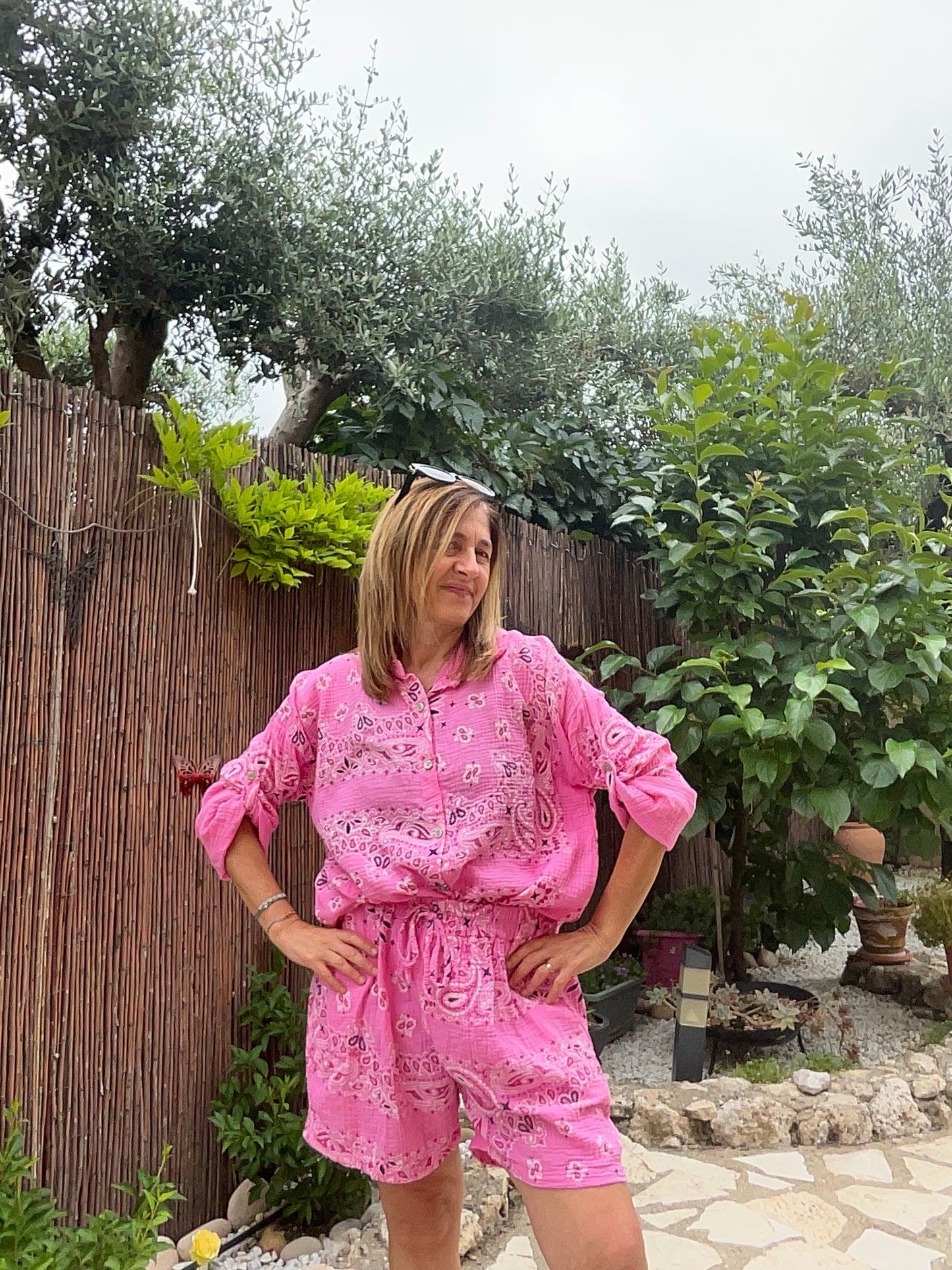 CHEMISIER ROSE BANDANA EN GAZE DE COTON