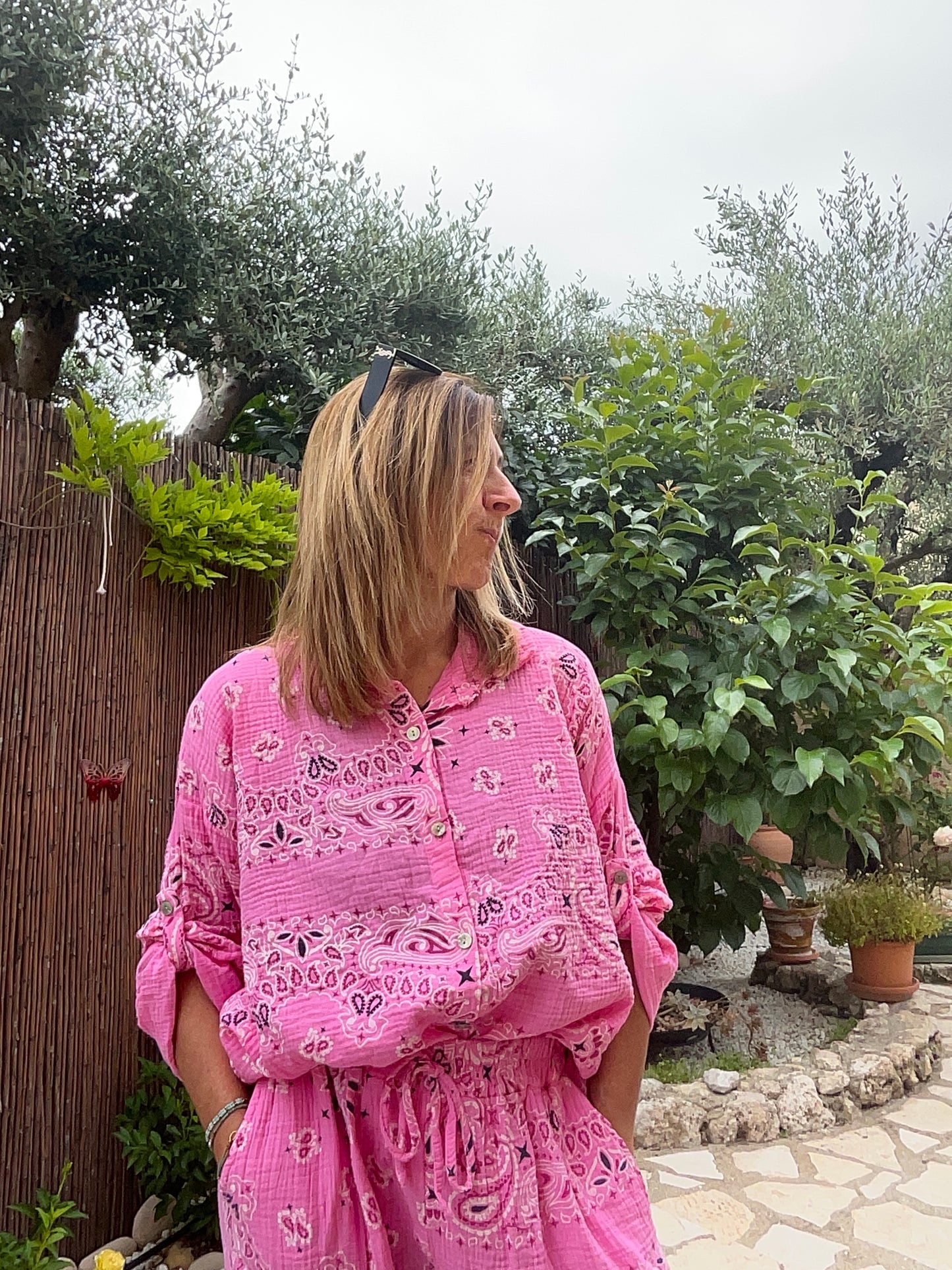 CHEMISIER ROSE BANDANA EN GAZE DE COTON