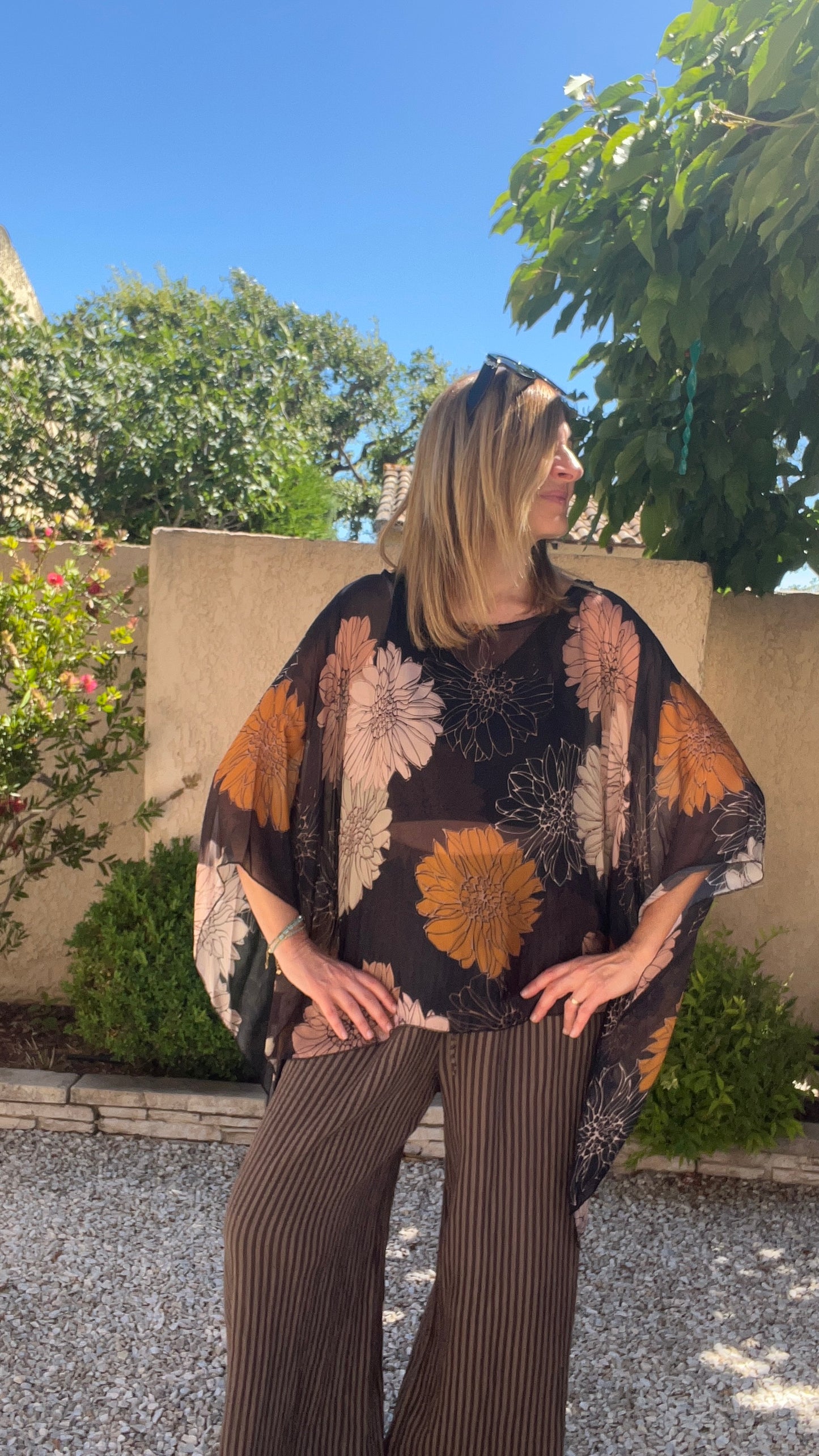PONCHO FLEURI CHOCOLAT/BEIGE/ROUILLE