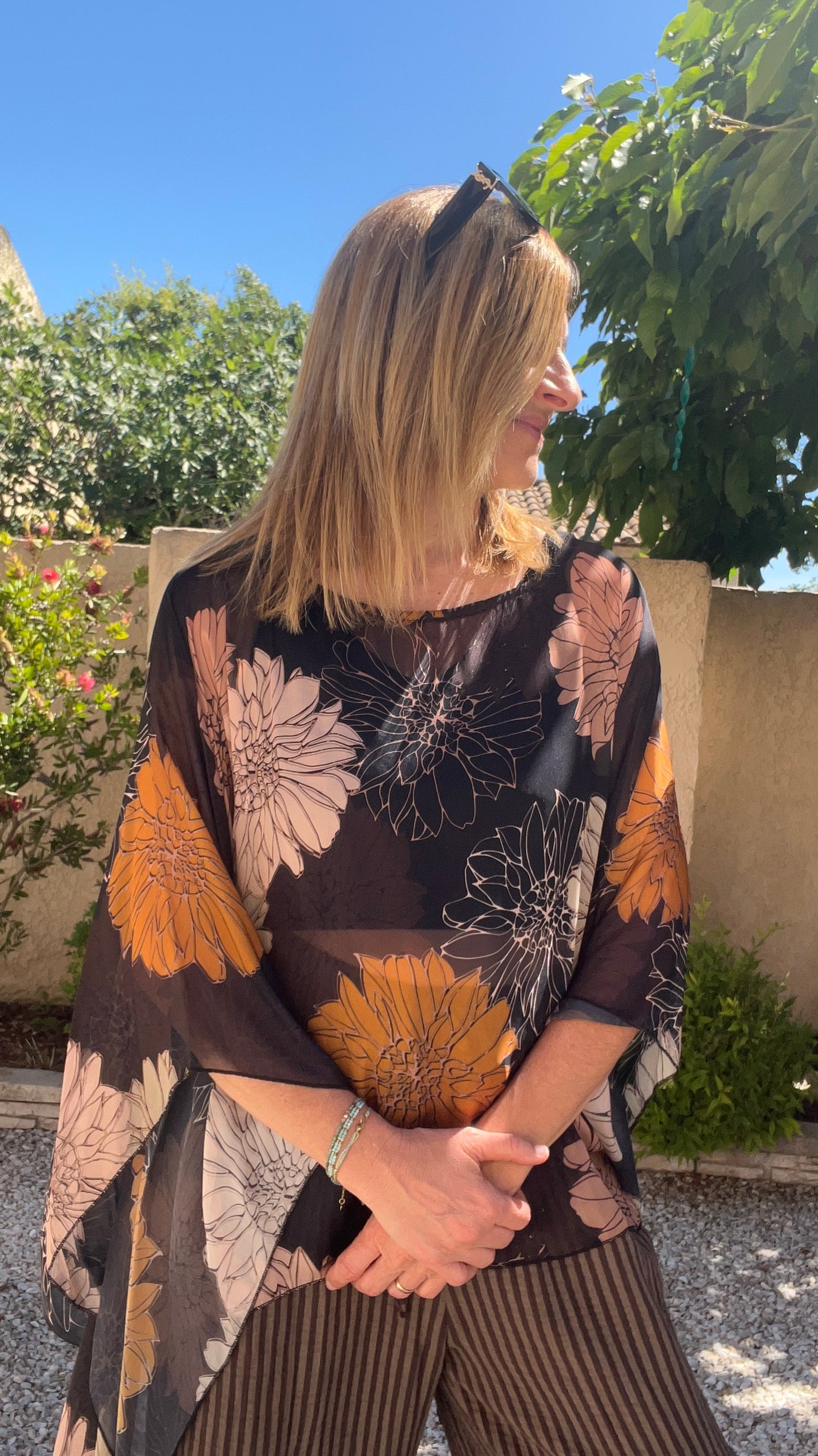 PONCHO FLEURI CHOCOLAT/BEIGE/ROUILLE