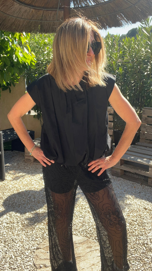 PANTALON NOIR FLUIDE EN PERLES