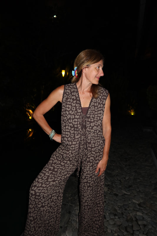 GILET LEOPARD CHOCOLAT SANS MANCHES GAZE DE COTON