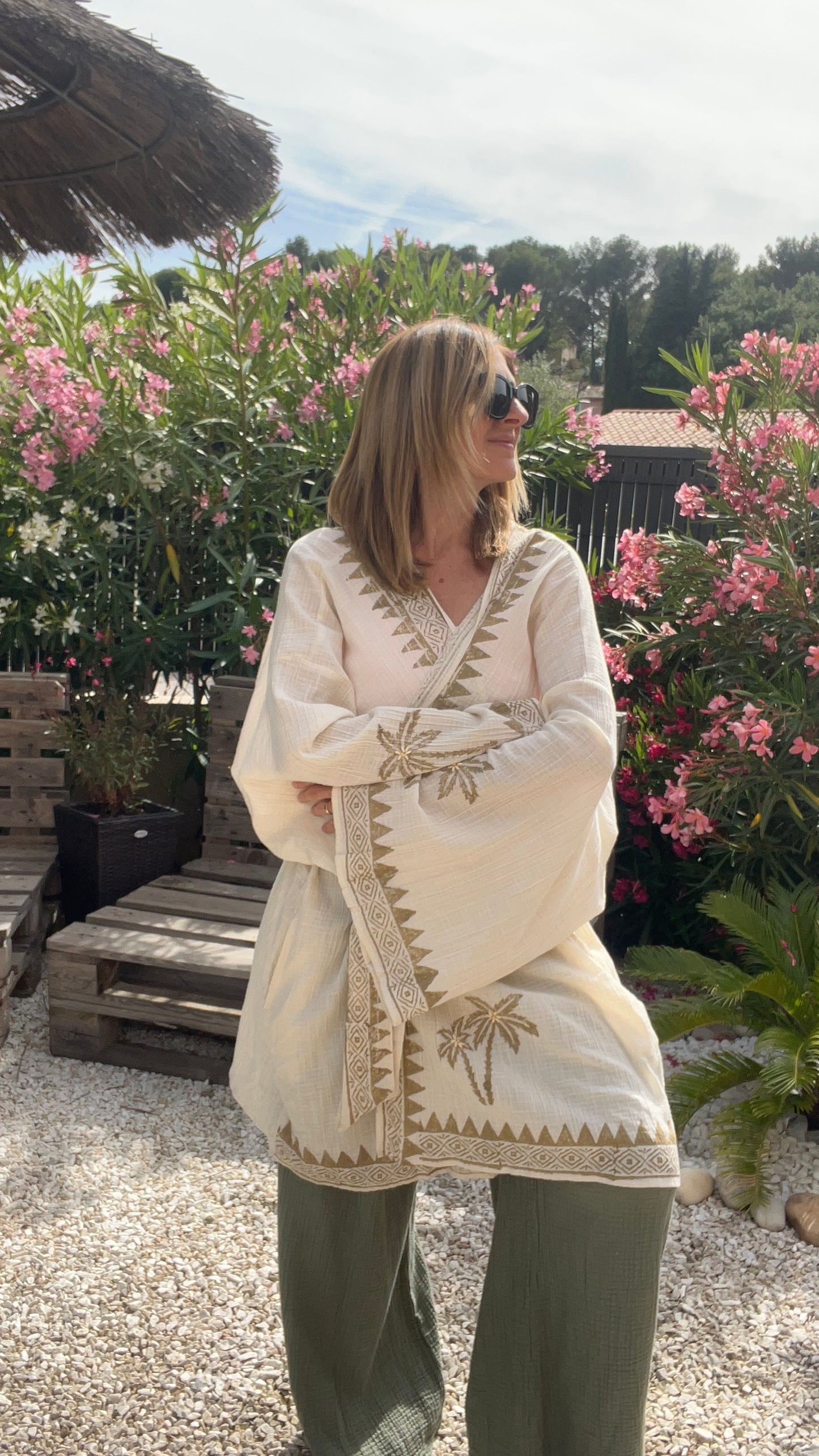 KIMONO BEIGE & KAKI PALMIERS BRODES