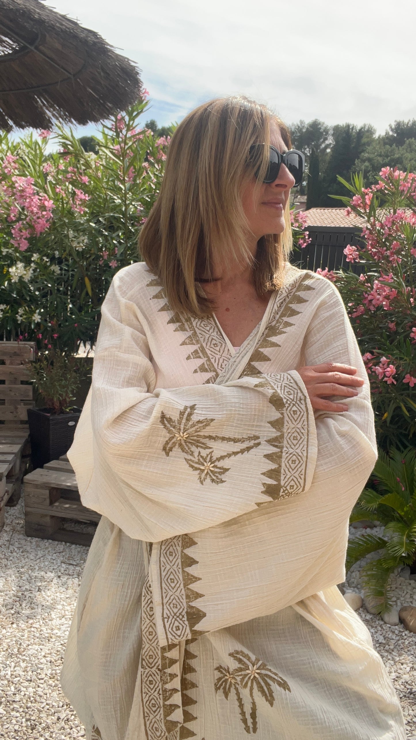KIMONO BEIGE & KAKI PALMIERS BRODES