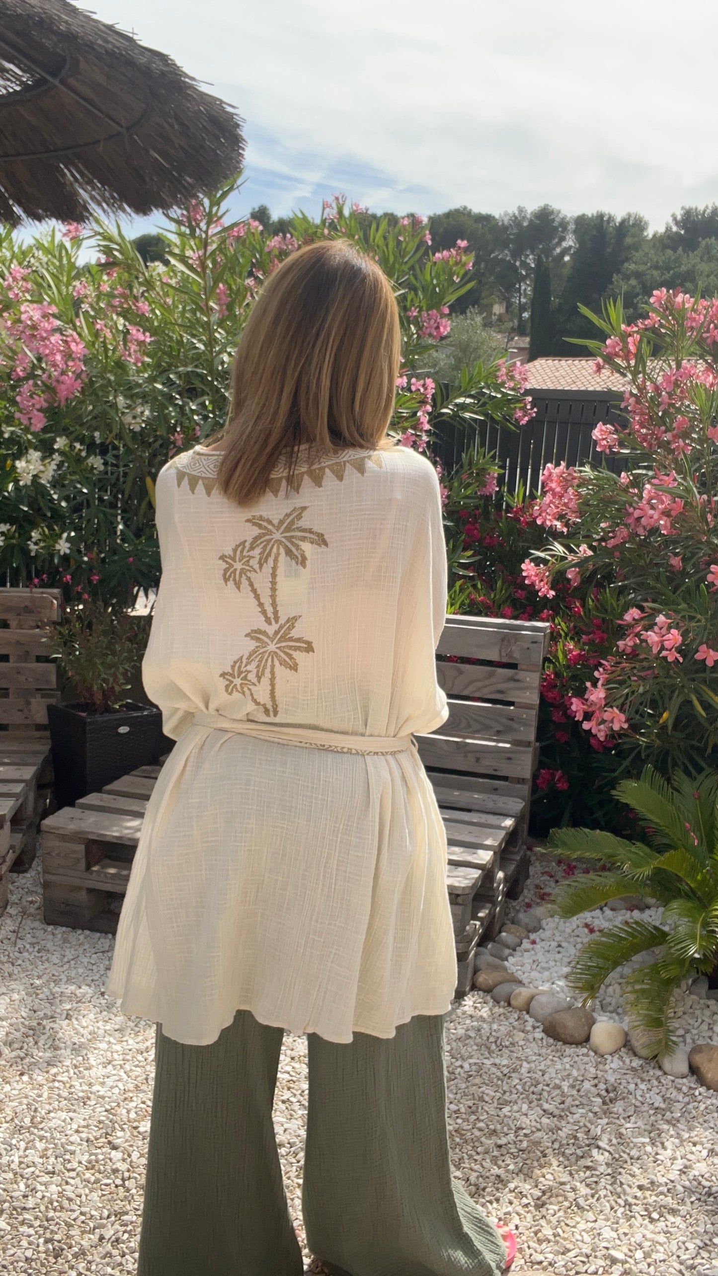 KIMONO BEIGE & KAKI PALMIERS BRODES