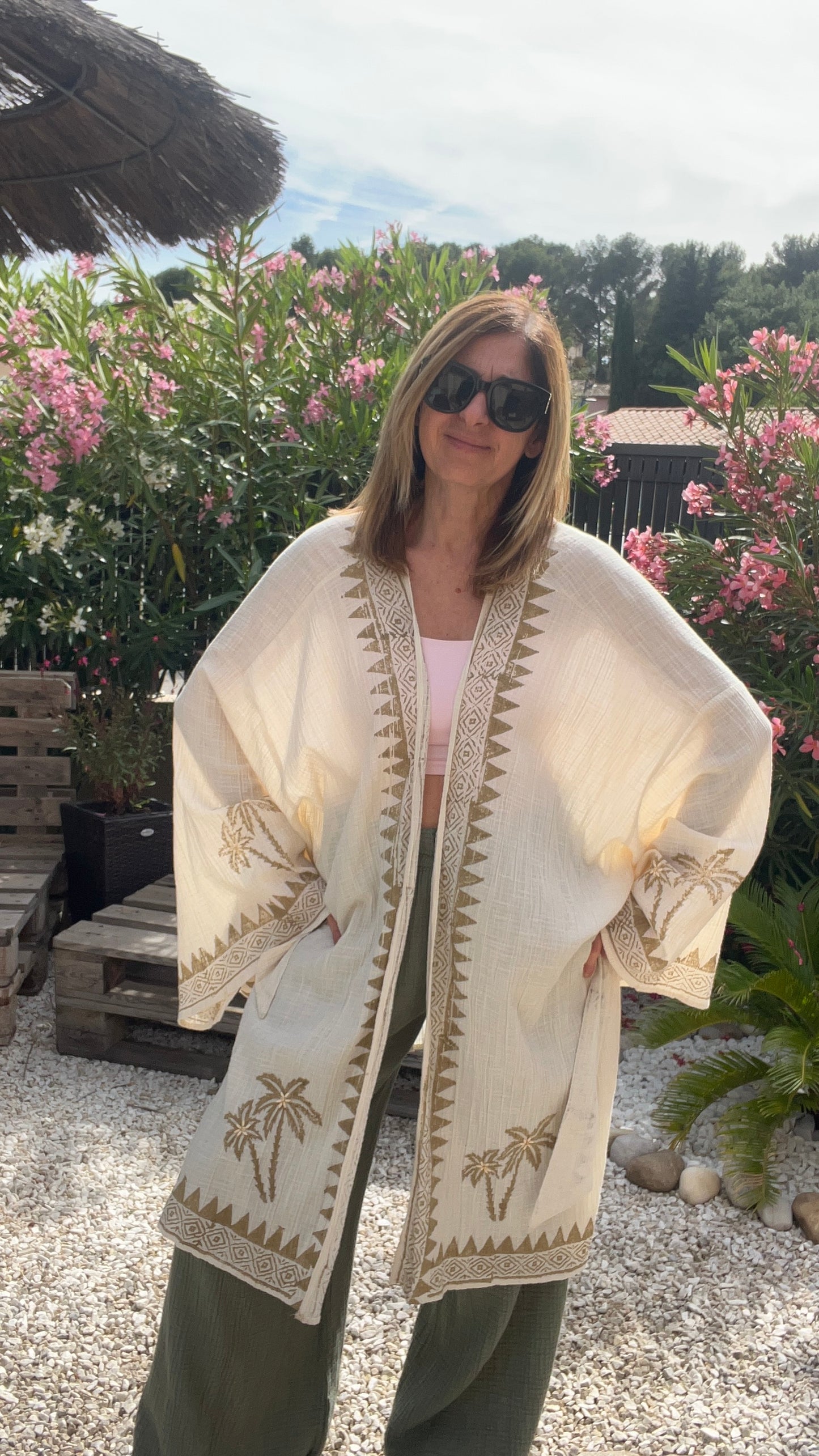 KIMONO BEIGE & KAKI PALMIERS BRODES