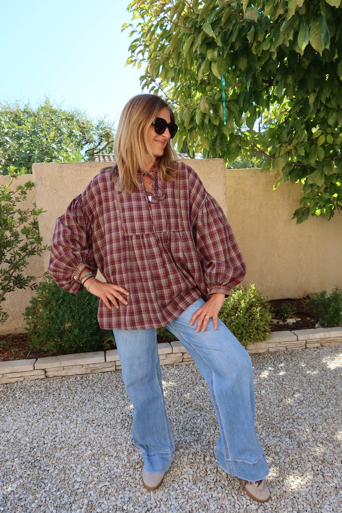 CHEMISIER A CARREAUX BORDEAUX/TAUPE OVERSIZE "GIOYA"